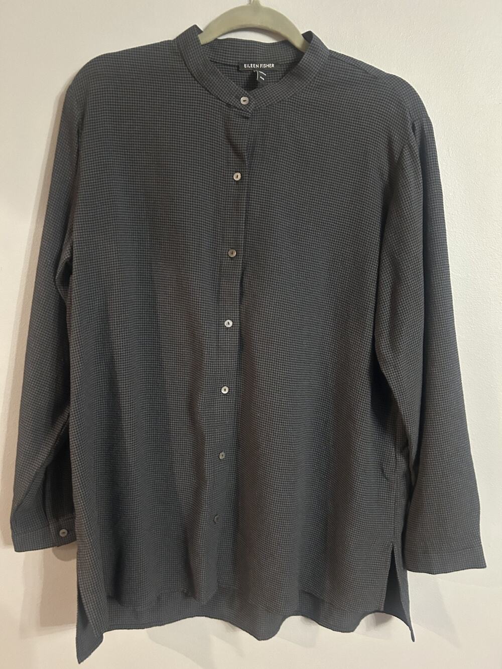 Eileen Fisher Mini Check Crepe Band Collar Top Tunic Boxy Minimalist Lagenlook M